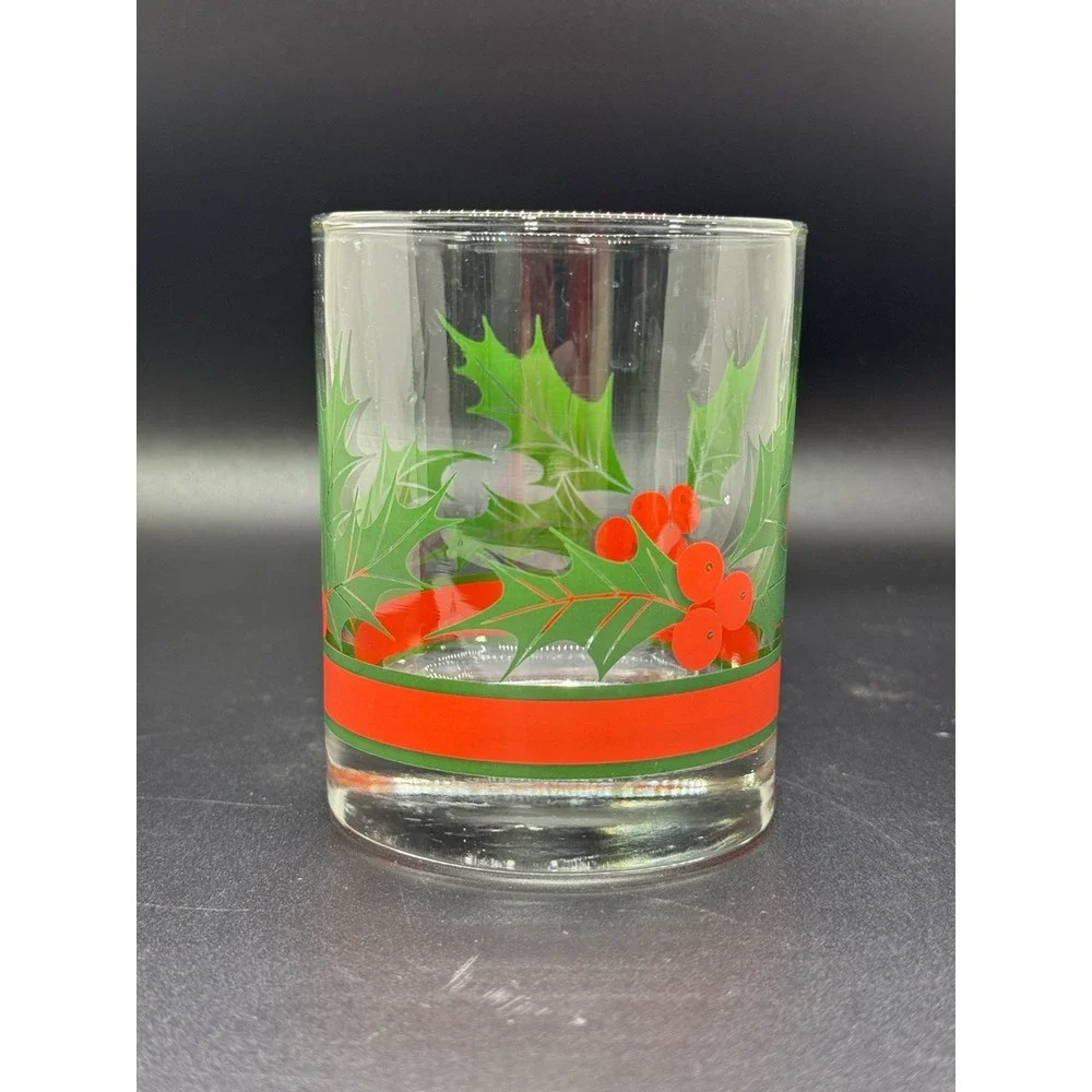 3 Libbey Holly & Berries Christmas Curved Flared Old Fashioned Glasses 10oz‎
